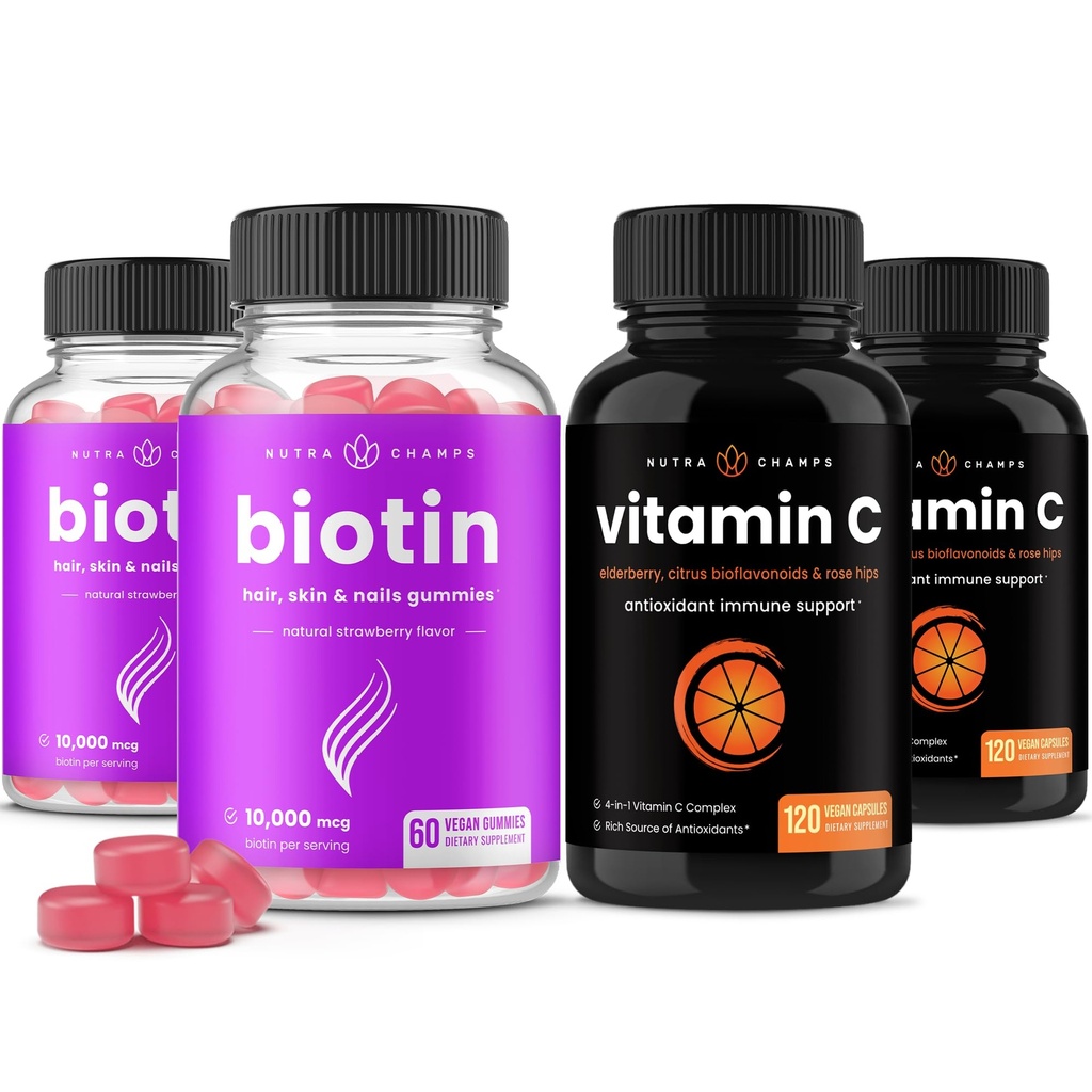 NutraChamps Biotin Gummies (2 Pack) og C-vitamin kapsler (2 Pack) 4 Pack Bundle