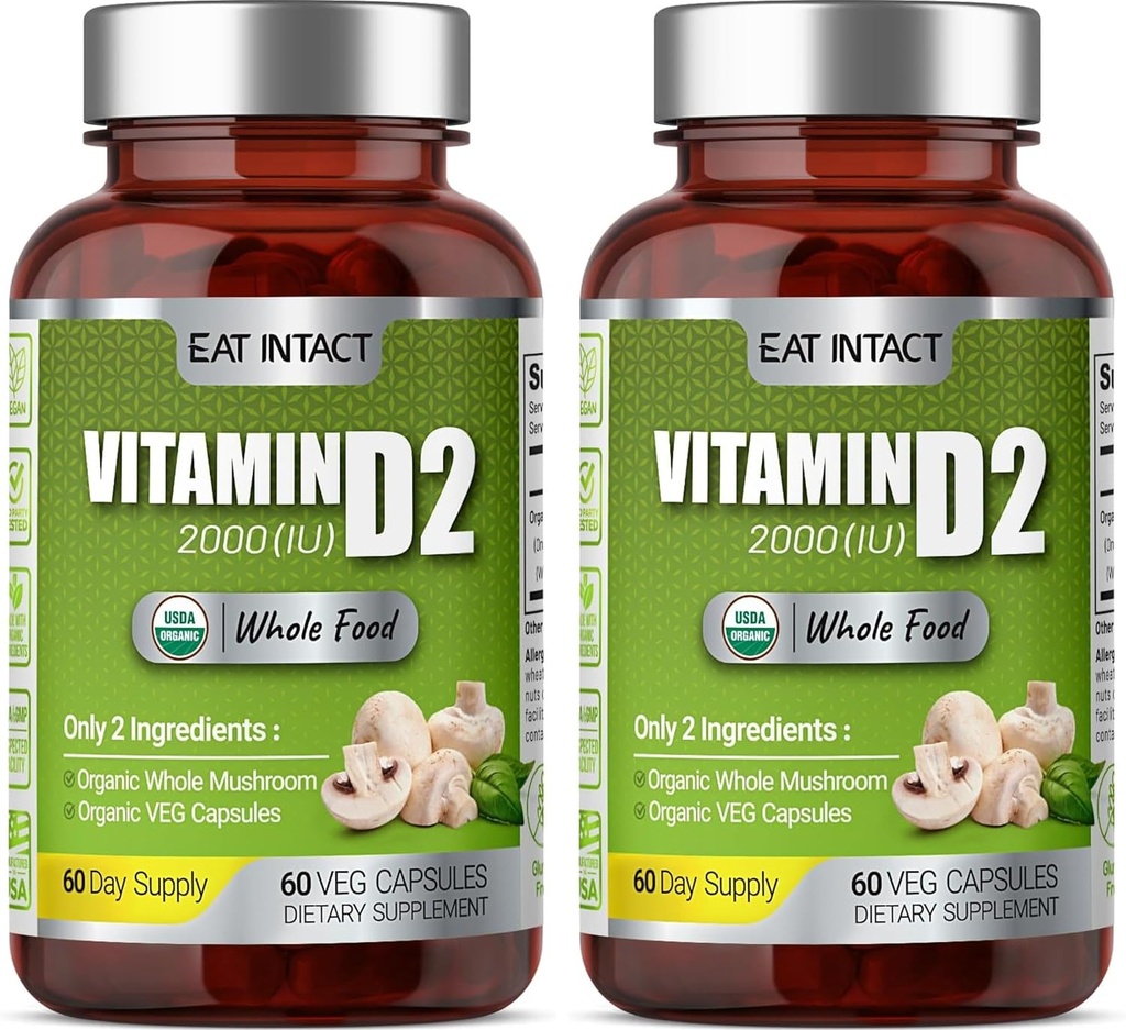 Organic Vegan Whole Food Vitamin D2 (2 Pack), 2000 IE (50 mcg), To Ingredienser (Organic Whole Mushroom Organic Vegan Capsule), Non- GMO, 120 dages forsyning