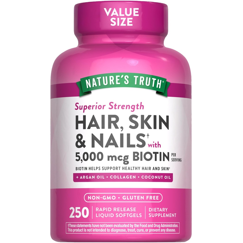 Nature 's Truth Hår, Hud & Nails Vitmatics Measures 124; 5000mcg Measures 124; 250 Softgels Measures 124; Inkluderer Collagen, Biotin og kokos Olie Measures 124; Non- GMO & Gluten Free Supplement for kvinder og mænd