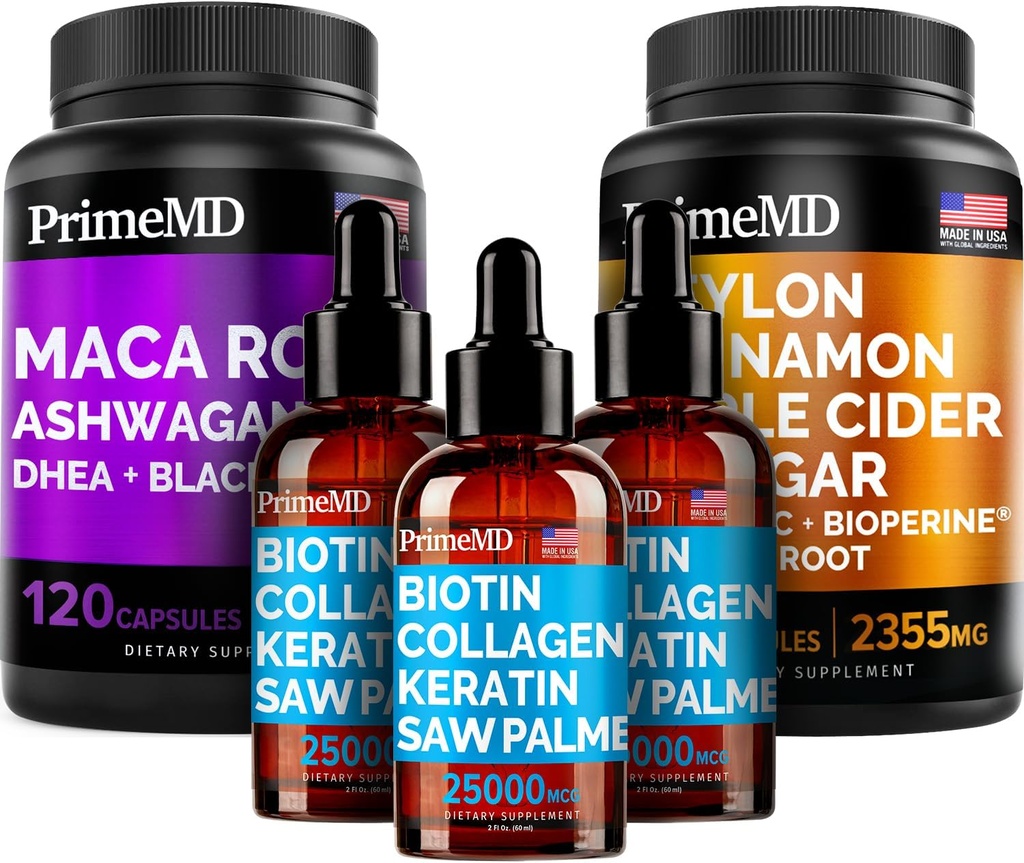 5-in-1 Ceylon Cinnamon (120ct), 4-in-1 Biotin Collagen Keratin Saw Palmetto (2 fl oz - 3 Pack) & 6-in-1 Maca Root Ashwagandha (120ct) Bundle - Energy, Mood, Hår, Skin & immunsupportsupplement