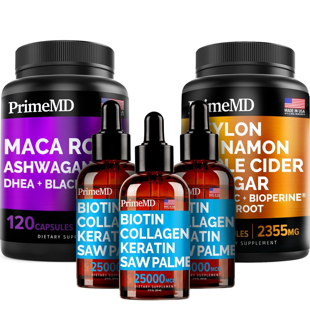 5-in-1 Ceylon Cinnamon (120ct), 4-in-1 Biotin Collagen Keratin Saw Palmetto (2 fl oz - 3 Pack) & 6-in-1 Maca Root Ashwagandha (120ct) Bundle - Energy, Mood, Hår, Skin & immunsupportsupplement
