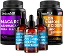 5-in-1 Ceylon Cinnamon (120ct), 4-in-1 Biotin Collagen Keratin Saw Palmetto (2 fl oz - 3 Pack) & 6-in-1 Maca Root Ashwagandha (120ct) Bundle - Energy, Mood, Hår, Skin & immunsupportsupplement