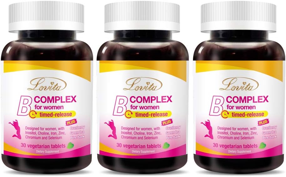 Lovita High Potent Vitamin B Complex for Women, Timet Release, Alle B vitaminer med jern, C-vitamin, Tranebær, Pine Bark, Green Tea for Energy, 30 Vegetariske tabletter (pakke med 3)