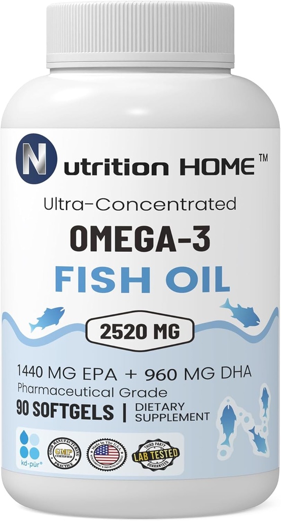 Triple Strength Omega 3 Fish Oil 3000 mg EPA & DHA, 2520mg Omega 3 Fedtsyrer 1440mg EPA + 960mg DHA Bedste Væsentlige Fedtsyrer Premium Burpless Softgel Kosttilskud (90)