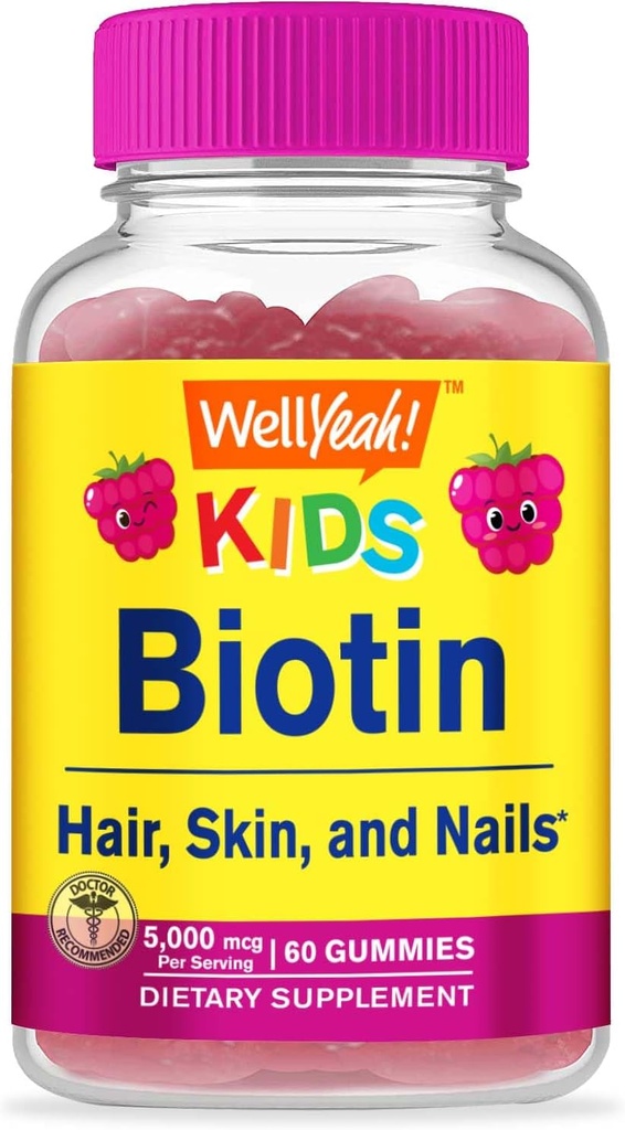 WellYe Biotin Gummies for Kids 5000 mcg - Understøtter hårvækst, hudsundhed og negle - Natural sourced flavors - GMO fri, Gluten fri - Gummy for drenge og piger - 60 Greve