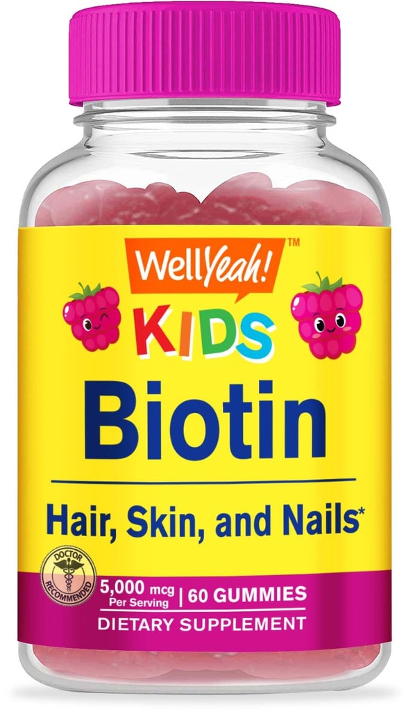 WellYe Biotin Gummies for Kids 5000 mcg - Understøtter hårvækst, hudsundhed og negle - Natural sourced flavors - GMO fri, Gluten fri - Gummy for drenge og piger - 60 Greve