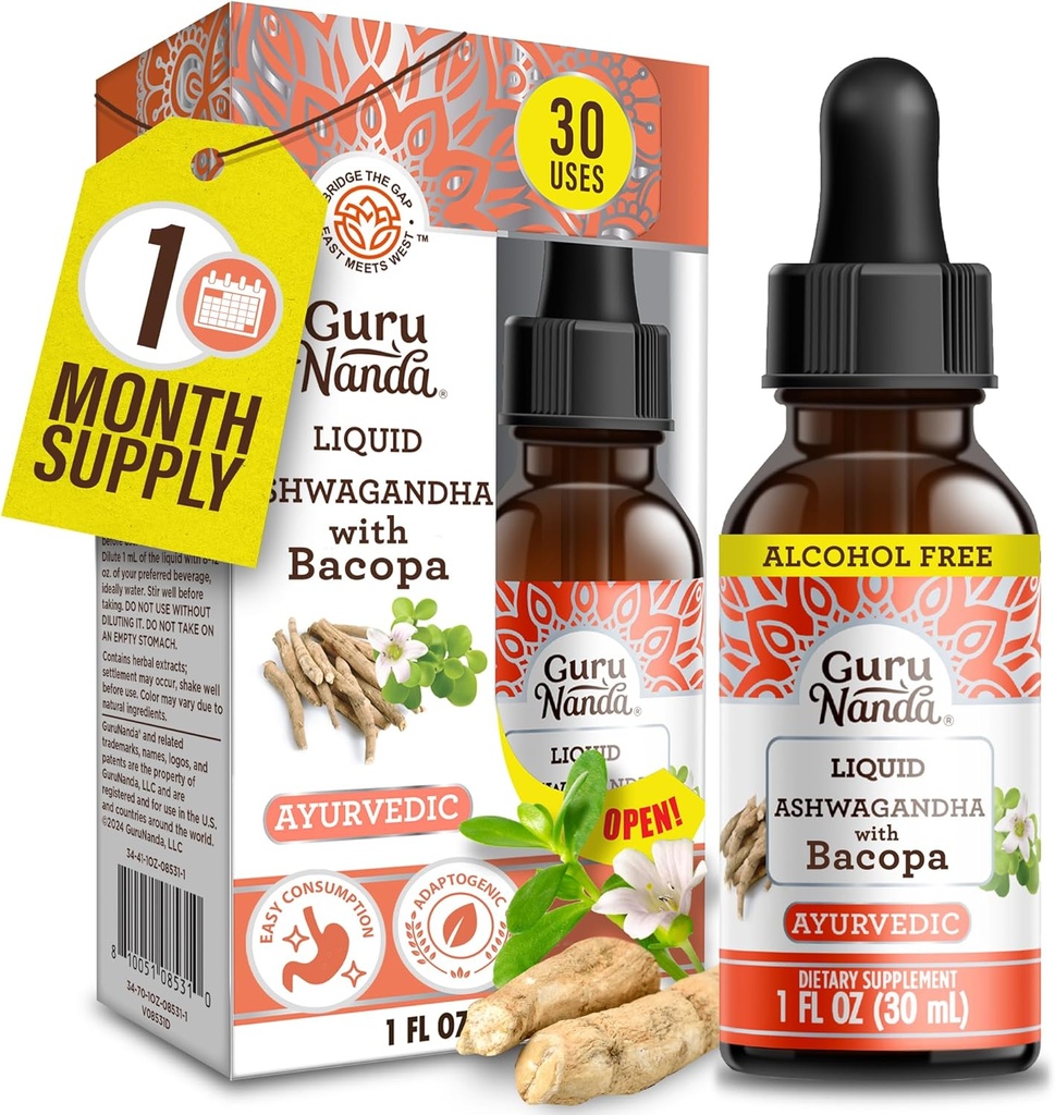 GuruNanda Liquid Ashwagandha med Bacopa (1 Fl Oz) - Natural Dietary Supplement- Liquid Extract Drops - for Mænd & Women- Vegan & Alkohol- Free - Aids in immun, Focus & Relaxation Support