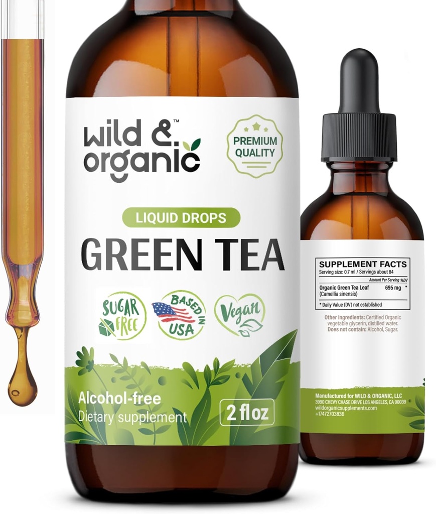 Wild & Organic Green Tea Extract Liquid Drops - Antioxidant Supplement - Natural Green Tea Supplements w / Camelia Sinensis - Vegan, Sugar & Alcohol- Free Tincture - 2 fl oz