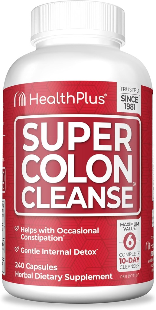 Health Plus Super Colon Cleanse 60 Day Supply of Gentle Gut Cleanse Detox, Psyllium Husk, Probiotics for Constipation Relief & Digestive Support, 240 Capsules