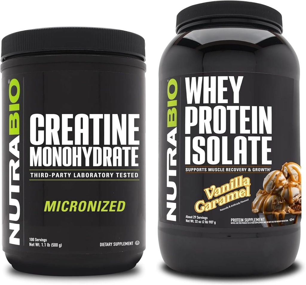 NutraBio Creatin monohydrat, Unflavored, 500g og Whey Protein Isolate, Vanilla Caramel, Supplement Bundle - Muskelenergi, Lean Muskelvækst, Recovery, og Styrke