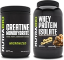 NutraBio Creatin monohydrat, Unflavored, 500g og Whey Protein Isolate, Vanilla Caramel, Supplement Bundle - Muskelenergi, Lean Muskelvækst, Recovery, og Styrke