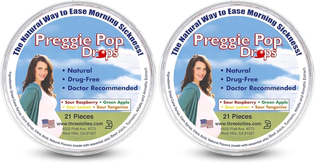 Tre Lollies Preggie Pop Drops - 21 Drops - Morning Sygdom Relief under graviditet - Safe for Gravid Mor & Baby - Gluten Free - Fire Arme: Lemon, Raspberry, Green Apple, Tangerine (Pack of 2)