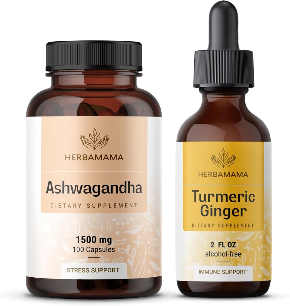 HERBAMAMA Ashwagandha og gurkemeje - Bundle of 1500 mg Ashwagandha Root Capsules & gurkemeje Ingefær Tincture 2 fl oz - Vegan, Non- GMO, Sugar & Alcohol- Free - 2 Pack
