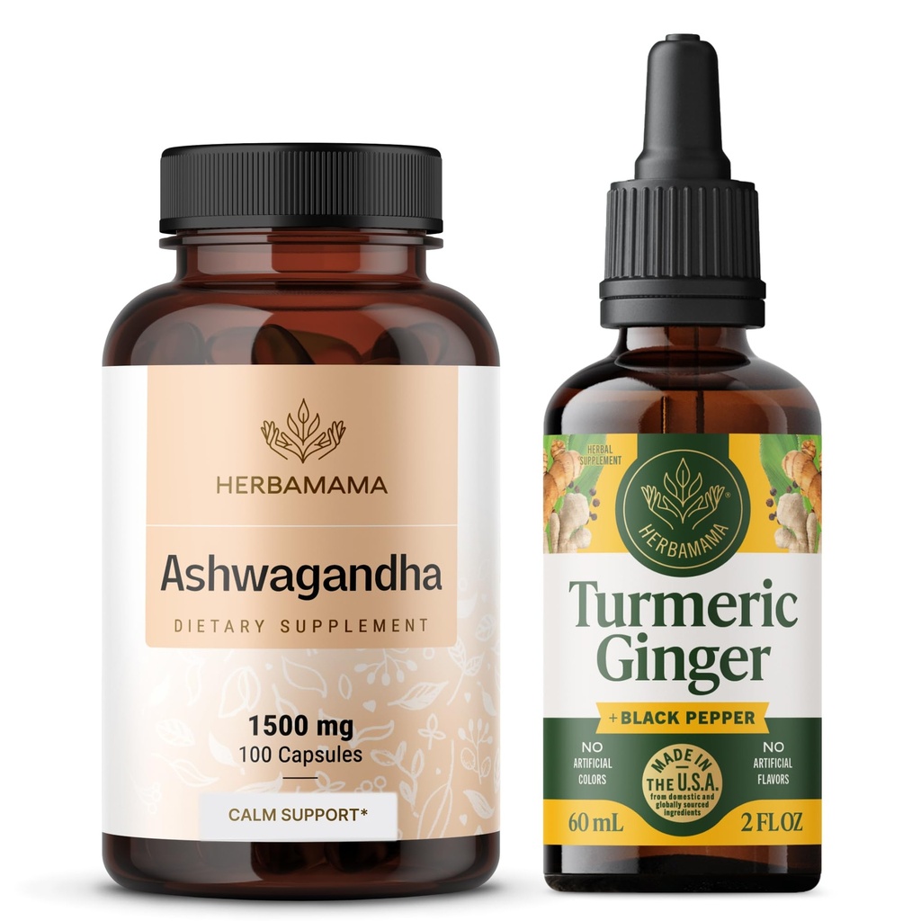 HERBAMAMA Ashwagandha og gurkemeje - Bundle of 1500 mg Ashwagandha Root Capsules & gurkemeje Ingefær Tincture 2 fl oz - Vegan, Non- GMO, Sugar & Alcohol- Free - 2 Pack