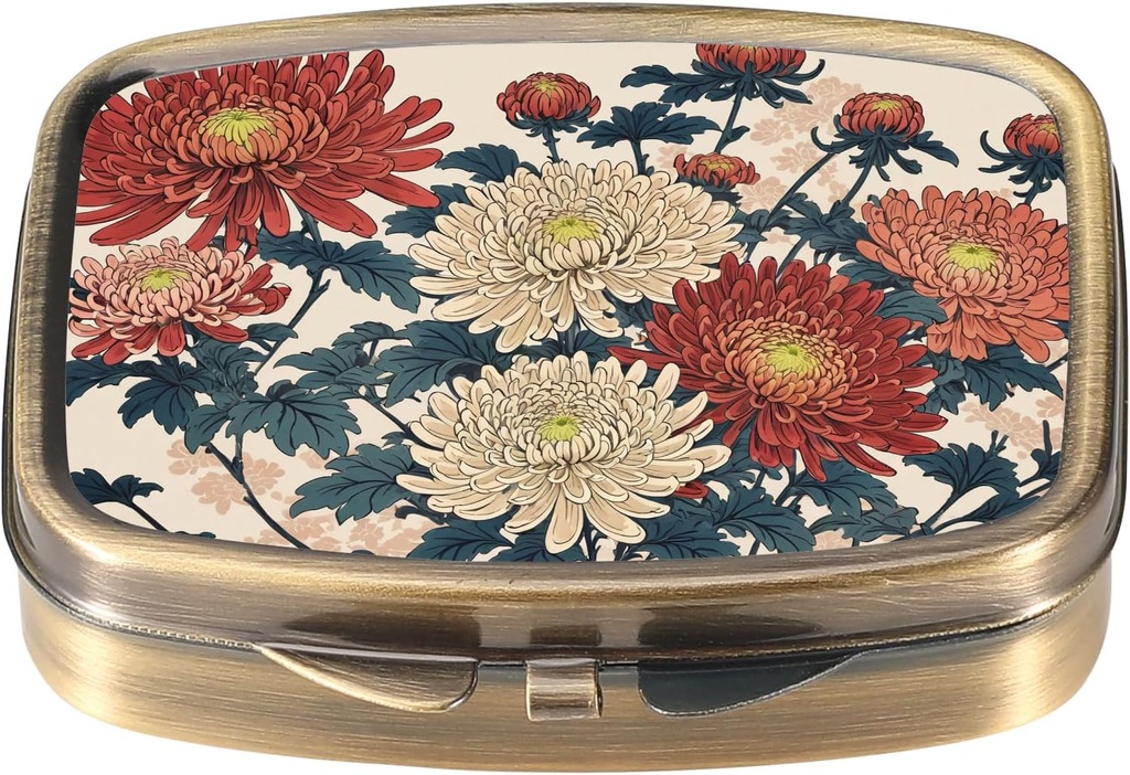 Dynippy Pill Case Pill Box with Mirror Retro Pocket 2 Compartment Medicine Case Vitamin Pill Organizer for Pocket Purse and Travel (Retro- Traditional Chrysanthemums)