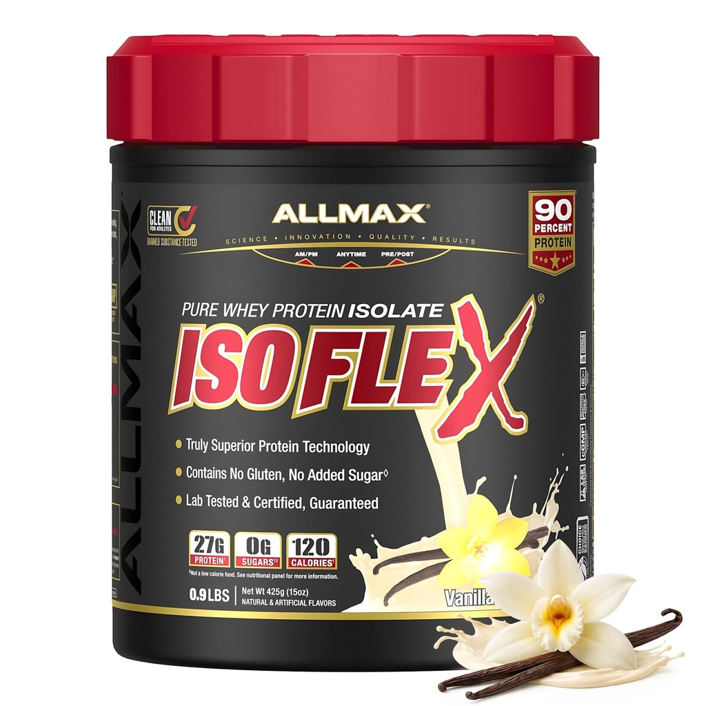 ALLMAX ISOFLEX Whey Protein Isolate, Vanilla - 1 LB - 27 Gram Protein Per Scoop - Zero Fat & Sugar - 99% Lactose Free - Gluten Free & Soy Free - Ca. 15 Tjenester