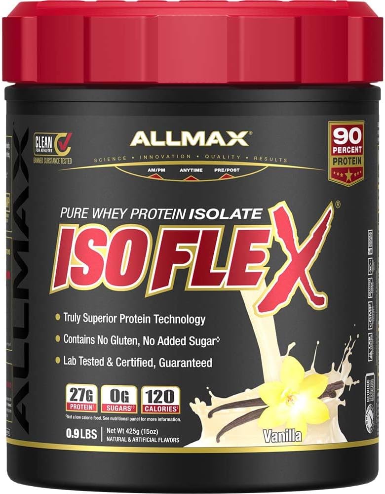 ALLMAX ISOFLEX Whey Protein Isolate, Vanilla - 1 LB - 27 Gram Protein Per Scoop - Zero Fat & Sugar - 99% Lactose Free - Gluten Free & Soy Free - Ca. 15 Tjenester