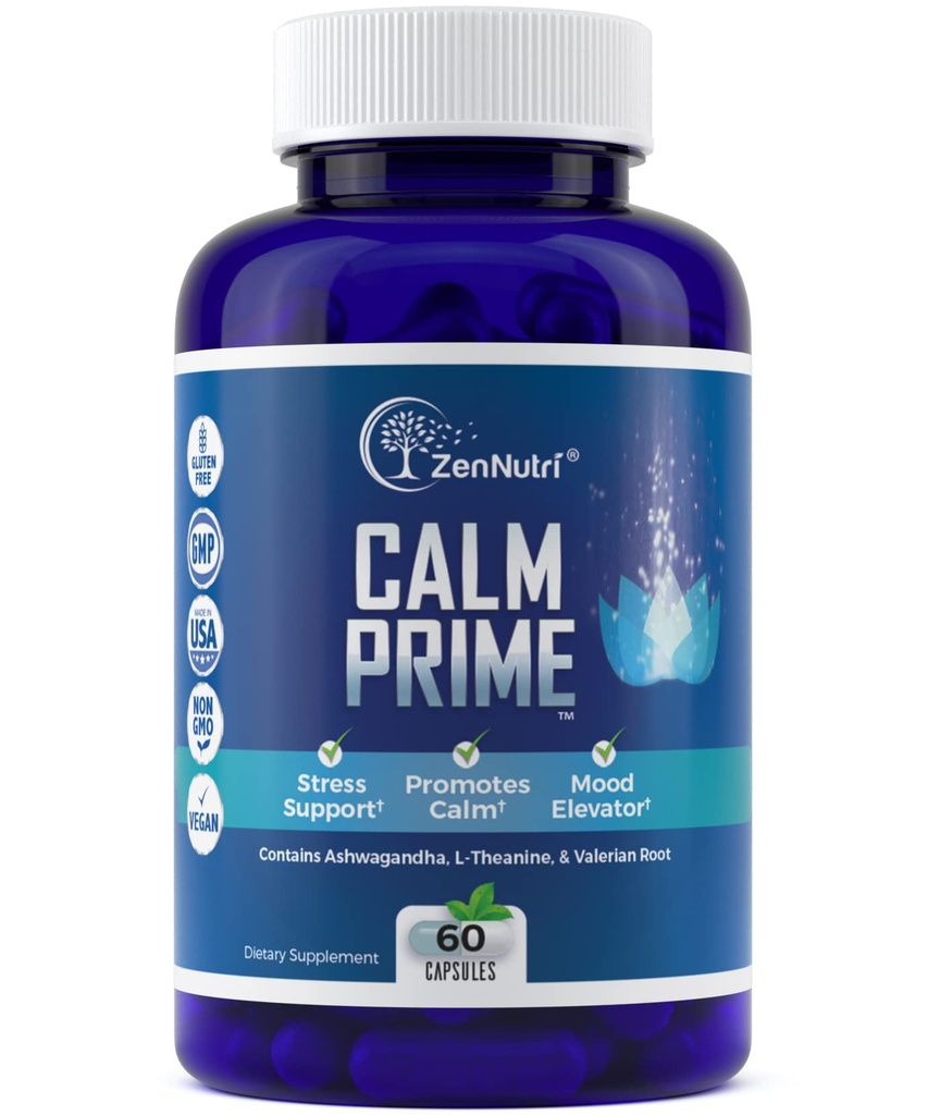 Calm Prime Stress Relief Supplement Non- Drowsy Medic124; Mood Support Supplement 124; Mood Boost Medical 124; Vegan Daytime Stress Supplements Calm Aid 124; Stress Vitamin - Ashwagandha, Valerian Root - 60 Greve