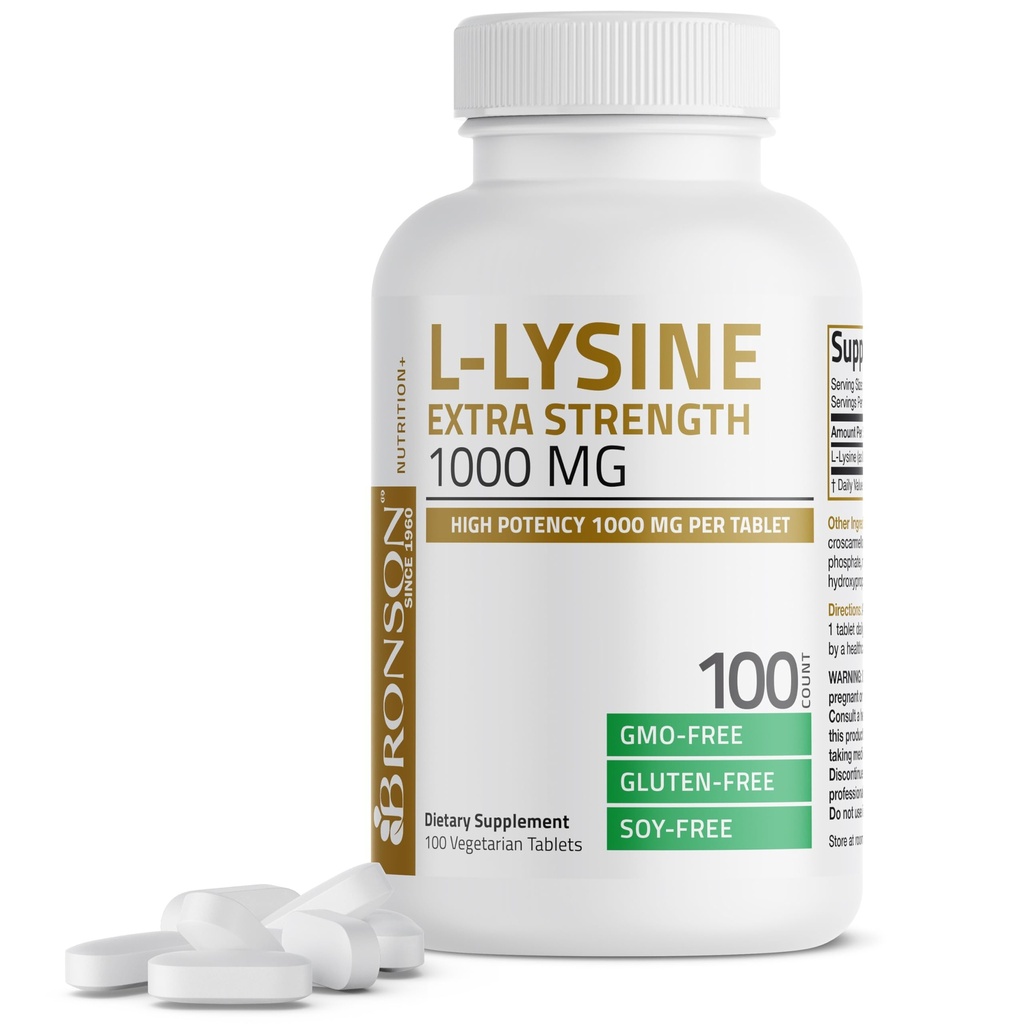 Bronson L- Lysin Extra Strength 1000 MG per tablet høj potens, immunforsvar & støtter Collagen Syntese, Non- GMO, 100 vegetariske tabletter
