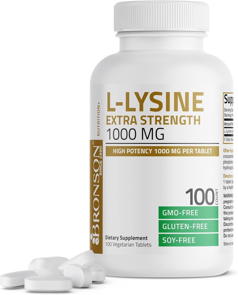 Bronson L- Lysin Extra Strength 1000 MG per tablet høj potens, immunforsvar & støtter Collagen Syntese, Non- GMO, 100 vegetariske tabletter