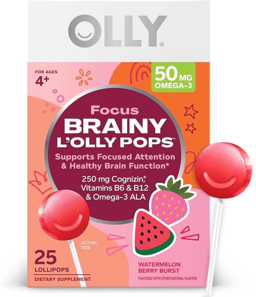 OLLY Focus Buddies L’OLLY Pops, Cognizin, Vitamins B6 and B12, Omega-3 ALA, Supports Focused Attention and Healthy Brain Function,* Kids 4+ Dietary Supplement, Watermelon Strawberry Flavored, 25 Count