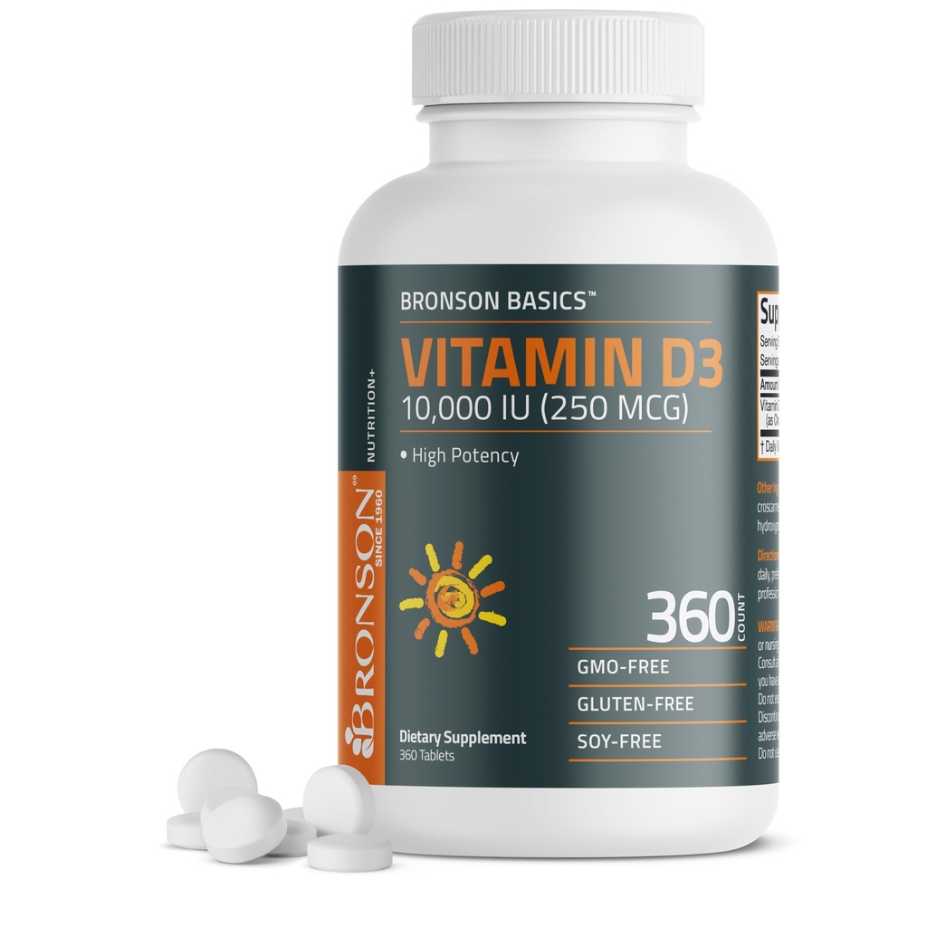 Bronson Vitamin D3 10,000iu (250mcg) 1 År Tilgang til sund muskelfunktion og immunforsvar, Non- GMO, 360 tabletter