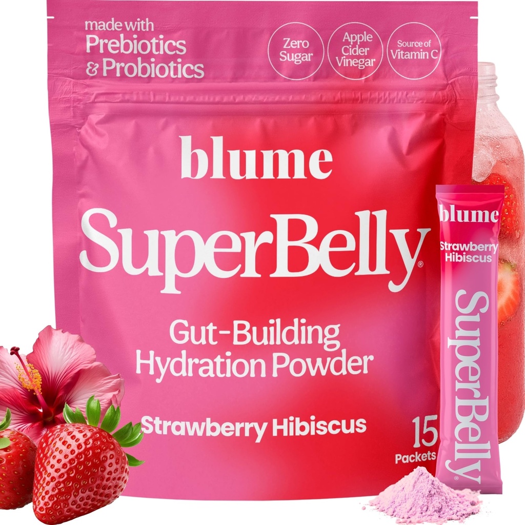 Blume New SuperBelly Gut Sundhed og On- The- Go Hydration Packets, Sugar- Free, med Prebiotics, Probiotics, Apple Cider Vincipes, C-vitamin og elektrolyter, Jordbær Hibiscus, 15 sticks