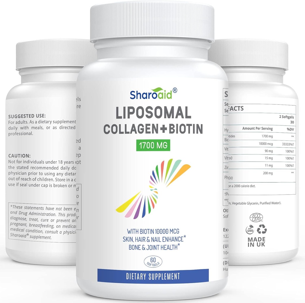 Liposomal Hydrolyseret Collagen Peptider 1700mg og Biotin 10000mcg Kosttilskud til kvinder, Mænd, Høj Absorption, E-vitamin, C og Zink kapsler til hud, hårvækst, fælles og negle, 60 Softgel
