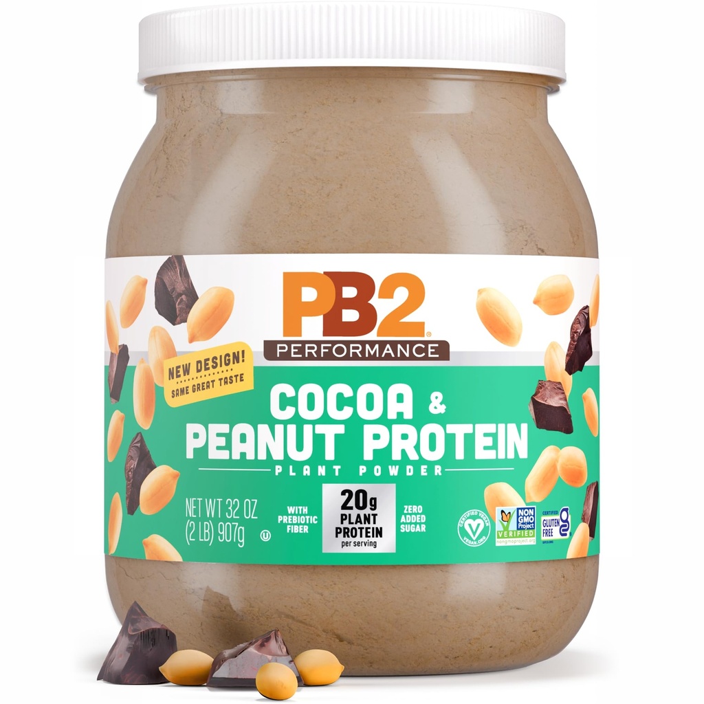 PB2 Performance Peanut Plant Based Vegan Protein Powder Decl. 124; 20g Complete Protein, No Added Sugar, Prebiotic Fiber Dec124; Dairy Free, Certified Vegan, Non- GMO, and Gluten Free [Peanut with Dutch Cocoa, 2lb]