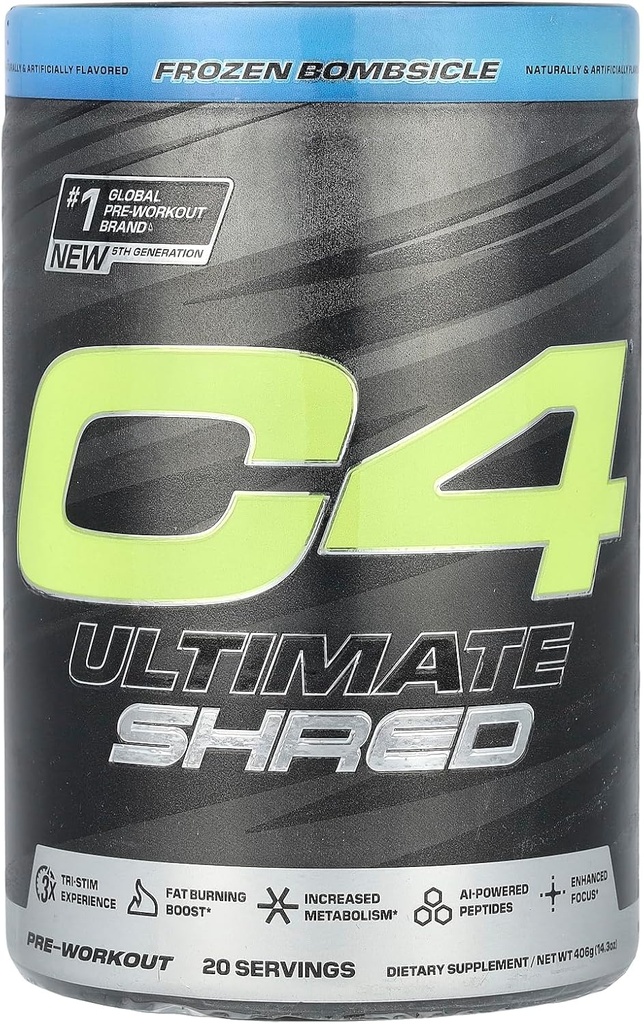 Cellucor C4 Ultimate Shred Pre Workout Powder, Metabolisme tillæg med Cayenne Extract + 300mg Koffein + TeaCrine + Dynamin - Frossen Bombsicle, 20 Servere