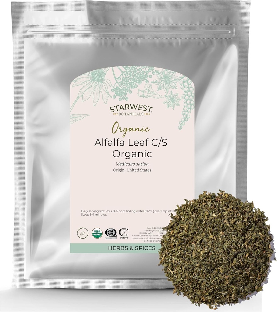 Starwest Botanicals Organic Alfalfa Leaf - Tørret Loose Leaf Herb til ernæring, Brug i te, Juice, & Smoothies, Cut & Sifted, Certified Kosher, Non- GMO - Bulk 1 LB taske
