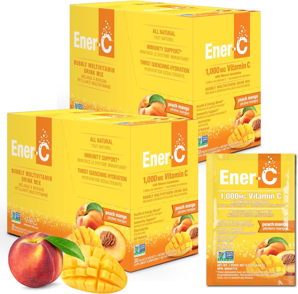 Energi- C Multivitamin Drink Mix - Vitamin Pakninger til vand, Elektrolytter Powder Pakninger, Vitamin Drink Mix, Hydration Liquid Mix, Immunbooster til voksne, Sund Energi - Peach Mango, 60 Greve