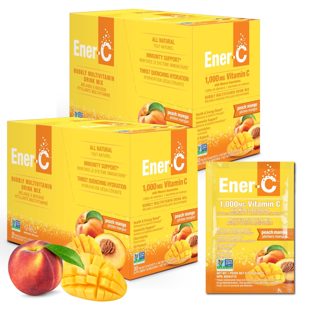 Energi- C Multivitamin Drink Mix - Vitamin Pakninger til vand, Elektrolytter Powder Pakninger, Vitamin Drink Mix, Hydration Liquid Mix, Immunbooster til voksne, Sund Energi - Peach Mango, 60 Greve