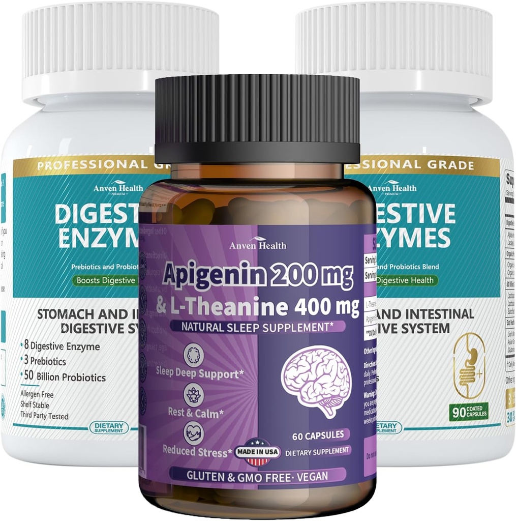 Apigenin med L- Theanin + fordøjelsesenzymer Wellness Bundle - Naturlig afslapning, Stress Relief & fordøjelsesstøtte