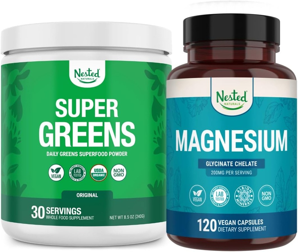 Nested Naturals Super Greens Daily Green Superfood Powder - Certificeret USDA Organic Green Powder (30 Servere) Magnesium Glycinate Chelate (120 kapsler)