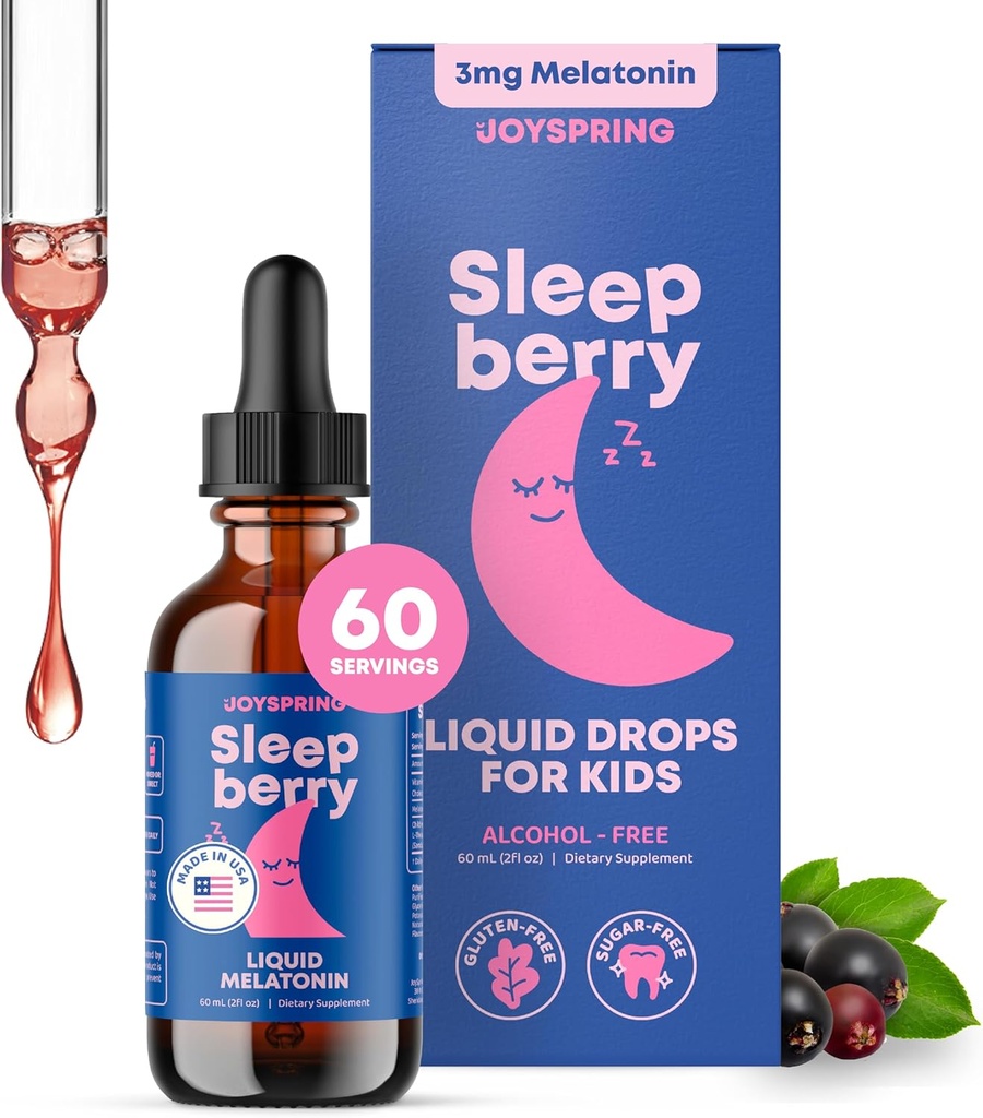 JoySpring Sleepberry Kids Melatonin 3 mg - Flydende sovemiddel med L Theanine, High Absorption Berry Drops (2 fl oz) 60 Servering, Børns Melatonin med D-vitamin Kids Rejser Essentials