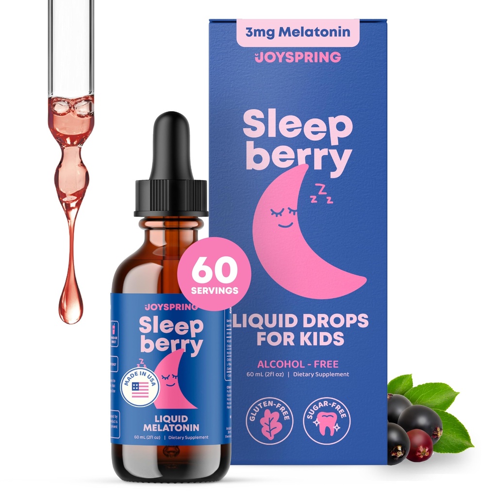 JoySpring Sleepberry Kids Melatonin 3 mg - Flydende sovemiddel med L Theanine, High Absorption Berry Drops (2 fl oz) 60 Servering, Børns Melatonin med D-vitamin Kids Rejser Essentials