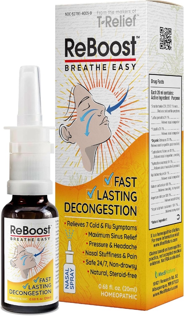 ReBoost vejrtrækning let udfældning Nasal Spray Fast- Actioning Cold & Flu Symptomer Relief naturlige homøopatiske ingredienser hjælpe med at berolige, Hovedpine & Sinus Tryk - 0,68 oz