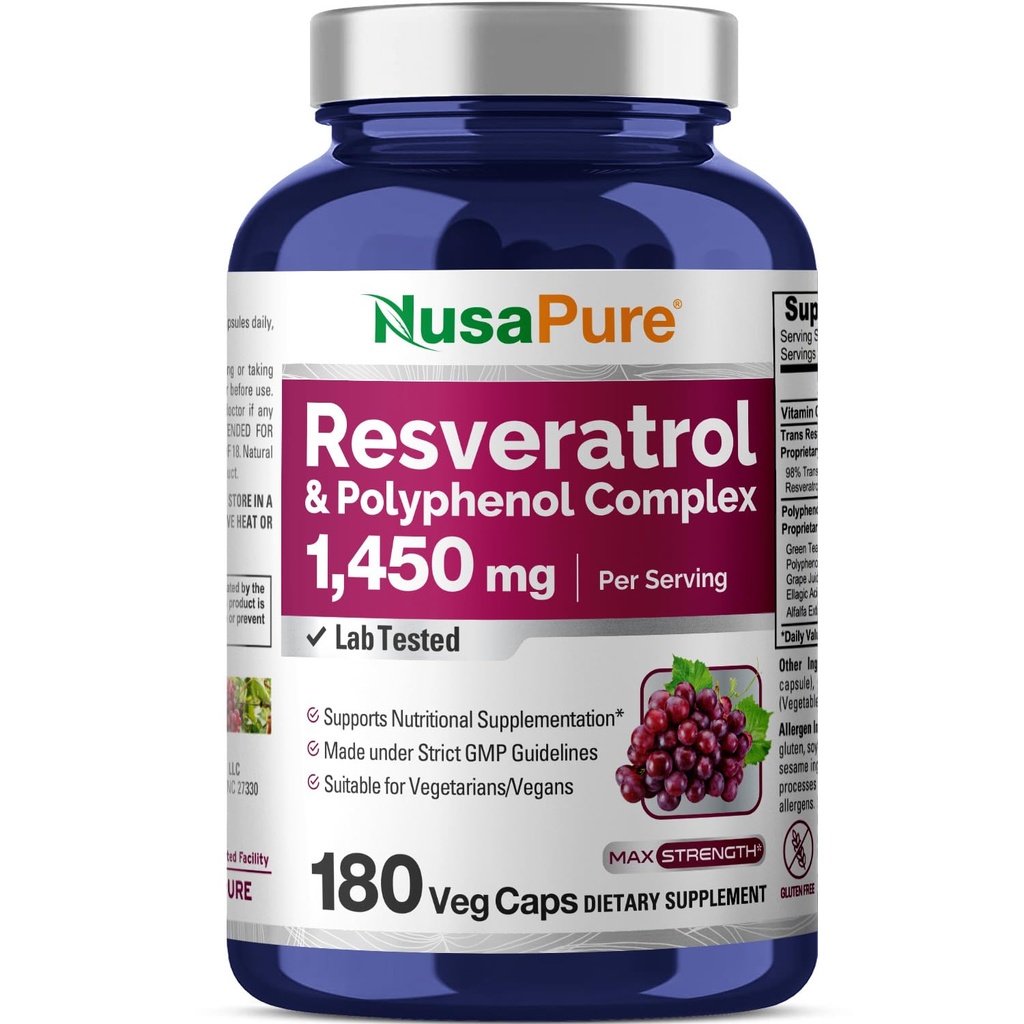 NusaPure Resveratrol & Polyphenol Complex 1450mg 180 Vegetariske Caps (non-GMO, Vegan) C-vitamin