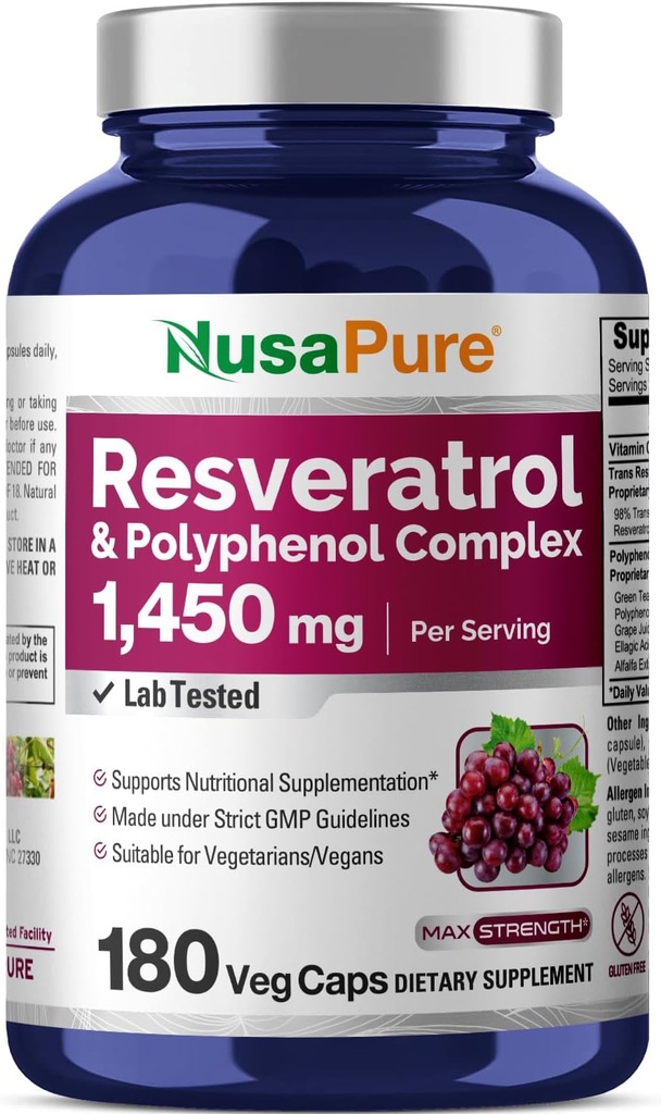 NusaPure Resveratrol & Polyphenol Complex 1450mg 180 Vegetariske Caps (non-GMO, Vegan) C-vitamin