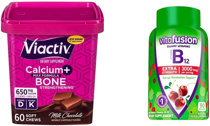 Viactiv Calcium + D3- vitamintilskud Soft Chews, Milk Chocolate, 60 Chews & Viafusion Extra Strength Vitamin B12 Gummy Vitamin for Energy Metabolisme Support