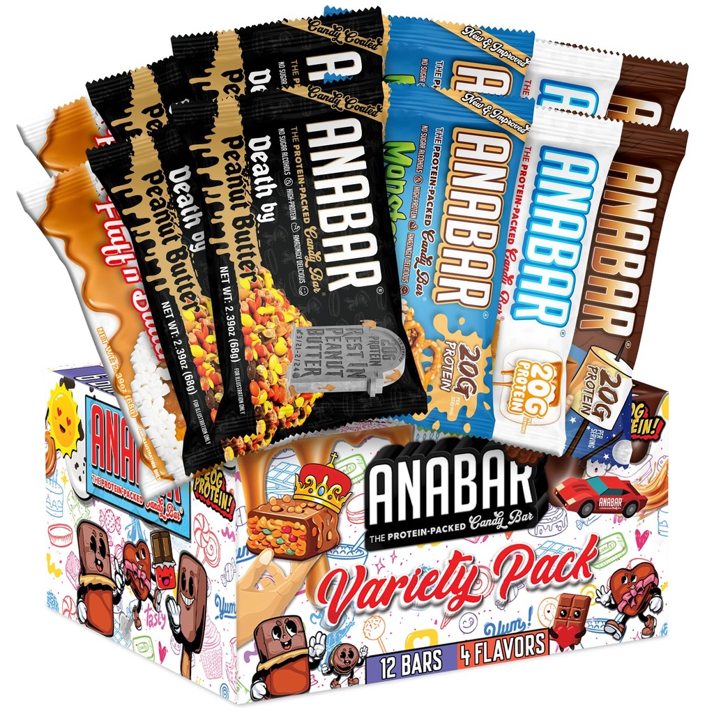 Anabar Protein Bar, The Protein- Packed Candy Bar, World 's Best Tasting Protein Bar, Ingen sukkeralkoholer, High Protein, Amazingly Lækker, 20 Bedste Protein (12 Barer, Variety Pack)