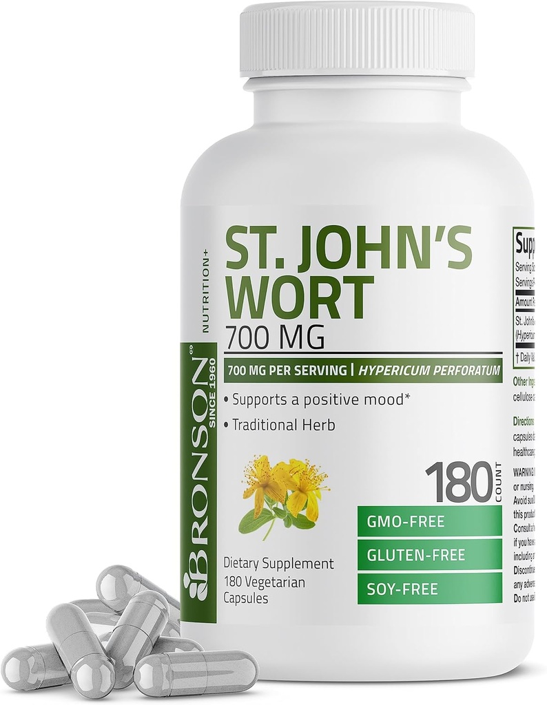 Bronson St. John 's Wort 700 MG per servering Hypericum Perforatum Understøtter en positiv mood - ikke-GMO, 180 vegetariske kapsler