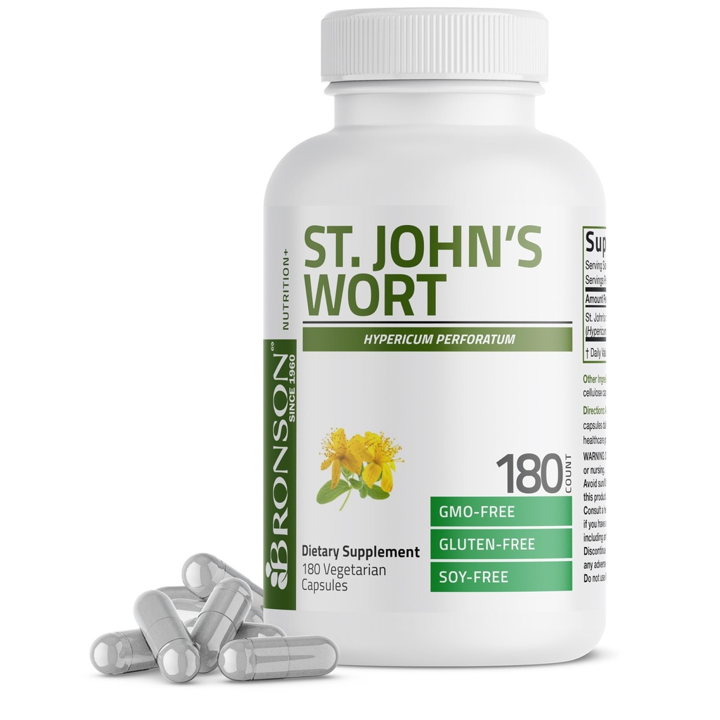 Bronson St. John 's Wort 700 MG per servering Hypericum Perforatum Understøtter en positiv mood - ikke-GMO, 180 vegetariske kapsler