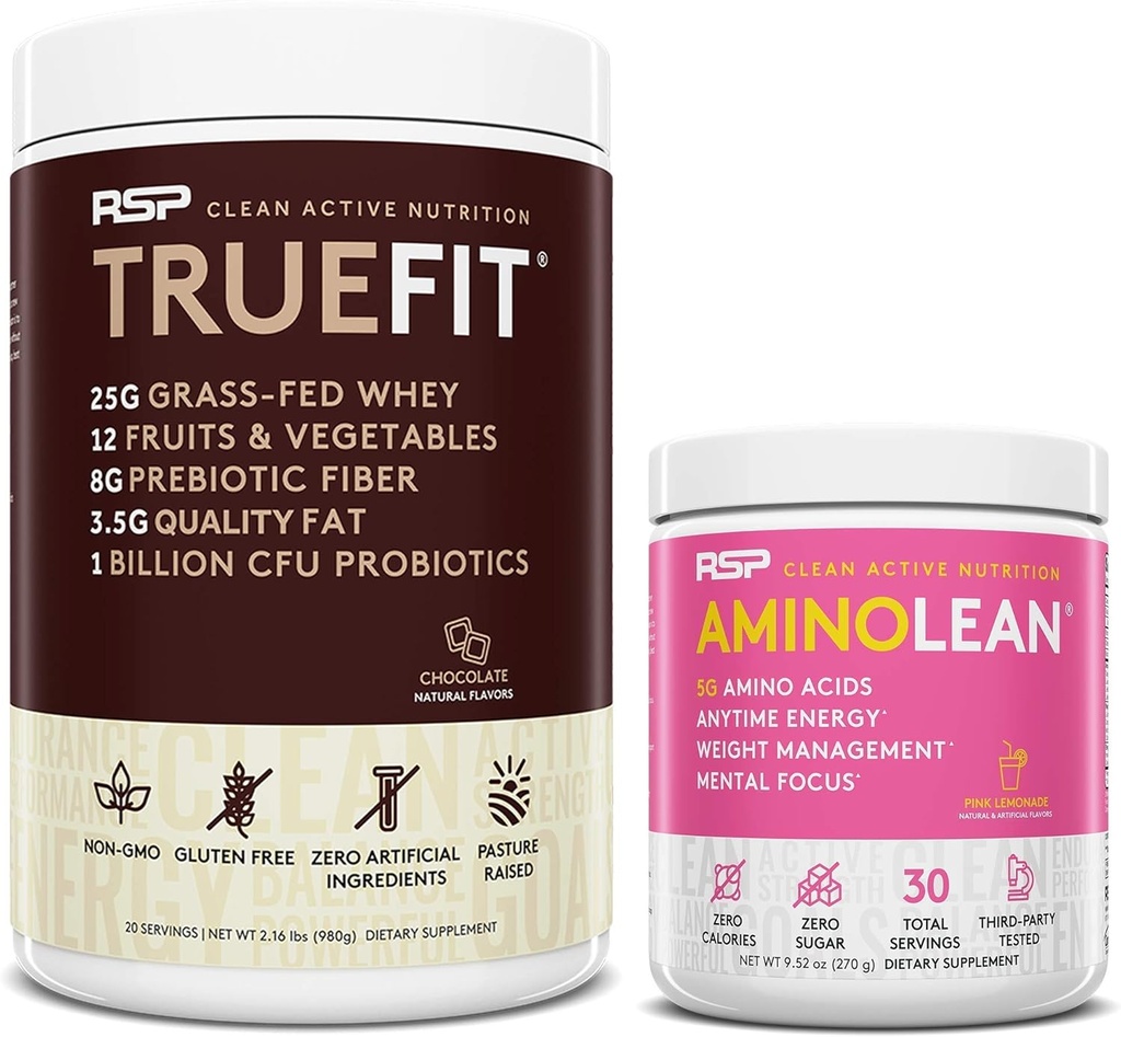 RSP NUTRITION AminoLean Pre Workout Energy (Pink Lemonade 30 Servering) med TrueFit Protein Powder (Chokolade 2 LB)