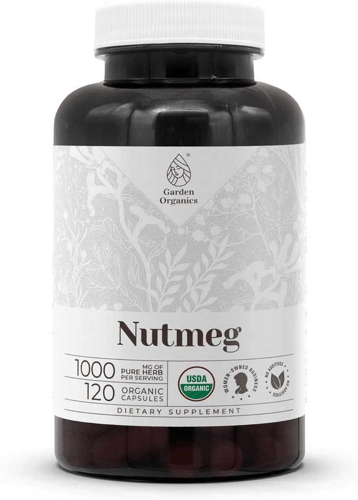 Nutmeg USDA Organic 120 Capsules Measures 124; High- potency Natural Supplement Measures 124; Certified Organic Vegetarian Capsules and Organic Nutmeg (Myristica fragrans) Tørret Nut (120 Capsules)