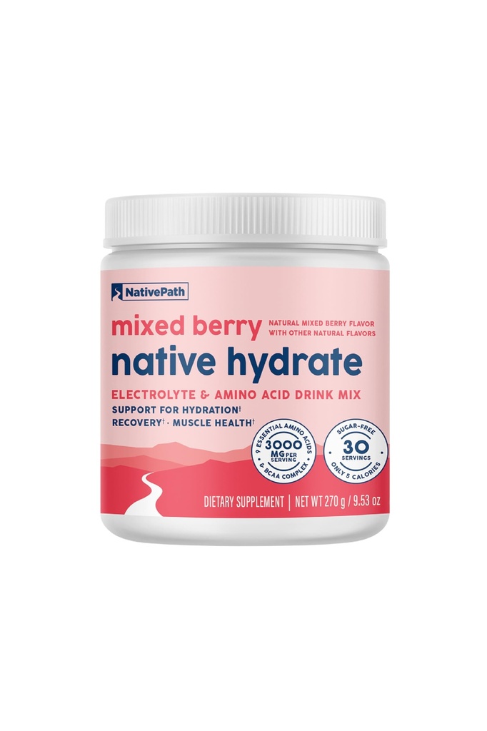 NativePath Hydrate, Zero Sugar, Electrolytes Powder med BCAAs, Blandede Berry Hydration, Keto & Paleo Friendly, 30 Servere