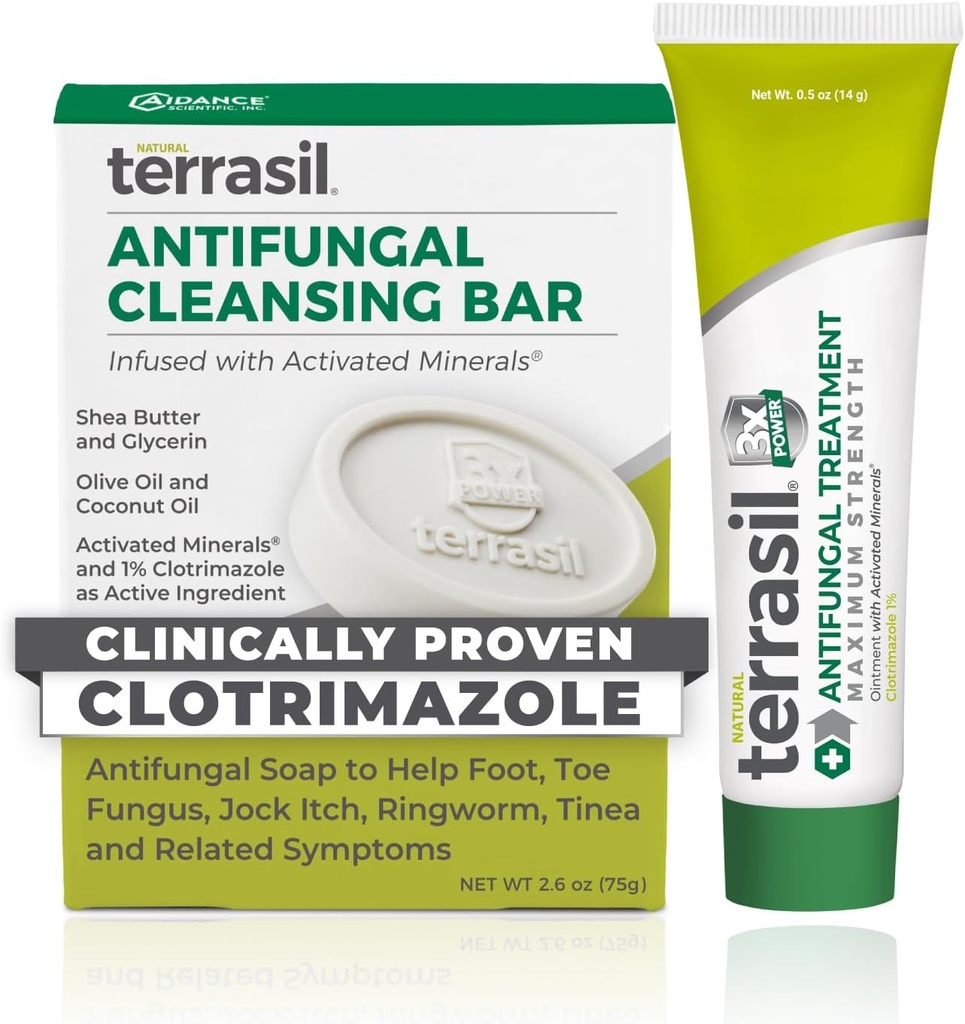 Terrasil Antifungal Treatment (2- Product Kit 14g Tube + 75g Sæbe bar) Antifungal Cream med clotrimazol og naturlige ingredienser, Relief for Ringorm, Jock Itch, Atleter Foot, Fungal Yeast Infektion