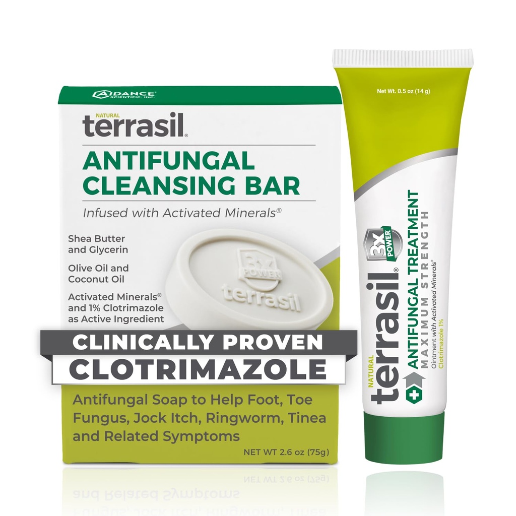 Terrasil Antifungal Treatment (2- Product Kit 14g Tube + 75g Sæbe bar) Antifungal Cream med clotrimazol og naturlige ingredienser, Relief for Ringorm, Jock Itch, Atleter Foot, Fungal Yeast Infektion