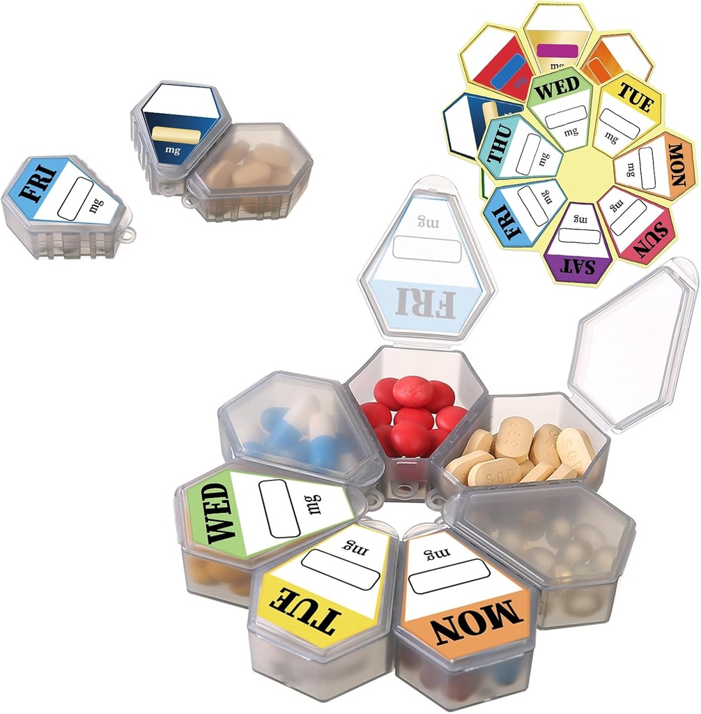 7-in-1 Travel Pill Organizer Set - Saml i store cirkulære pilleboks eller brug separat - Inkluderer 7 små pilleboks komponenter (1Pack Gray med 14 etiketter Stickers)